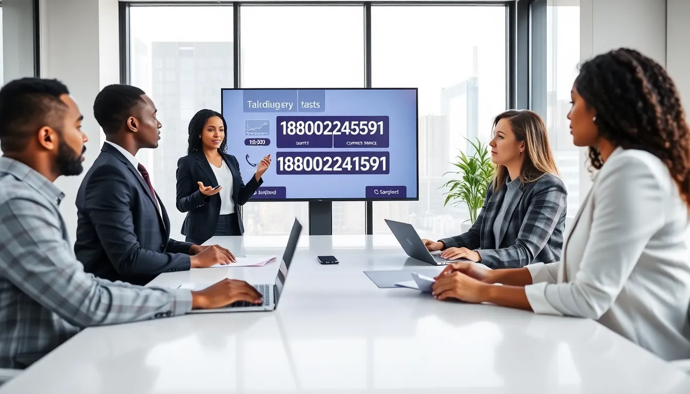 professionals discussing a toll-free number in a modern office.